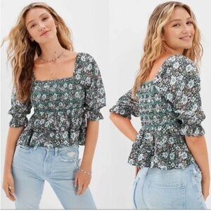 American Eagle Long-Sleeve Smocked Babydoll Blouse